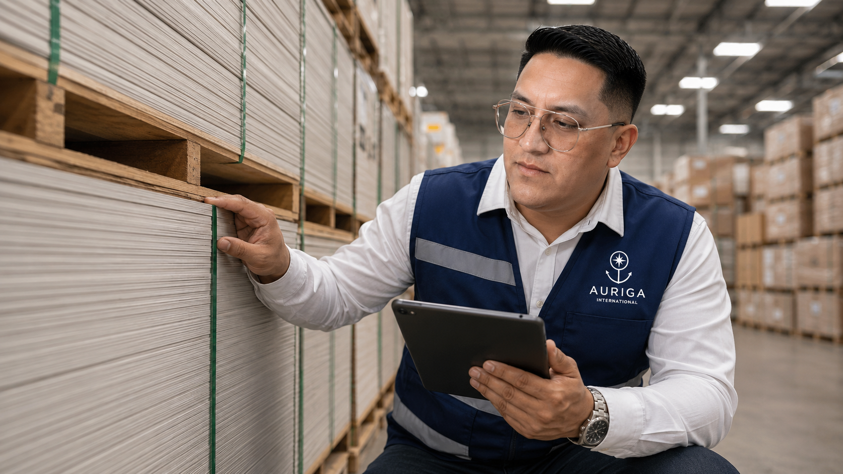 Inspector verificando mercancía en bodega