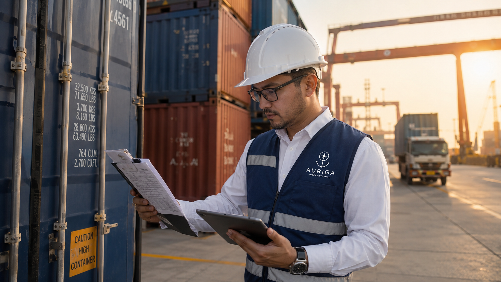 Inspector verificando contenedor en puerto